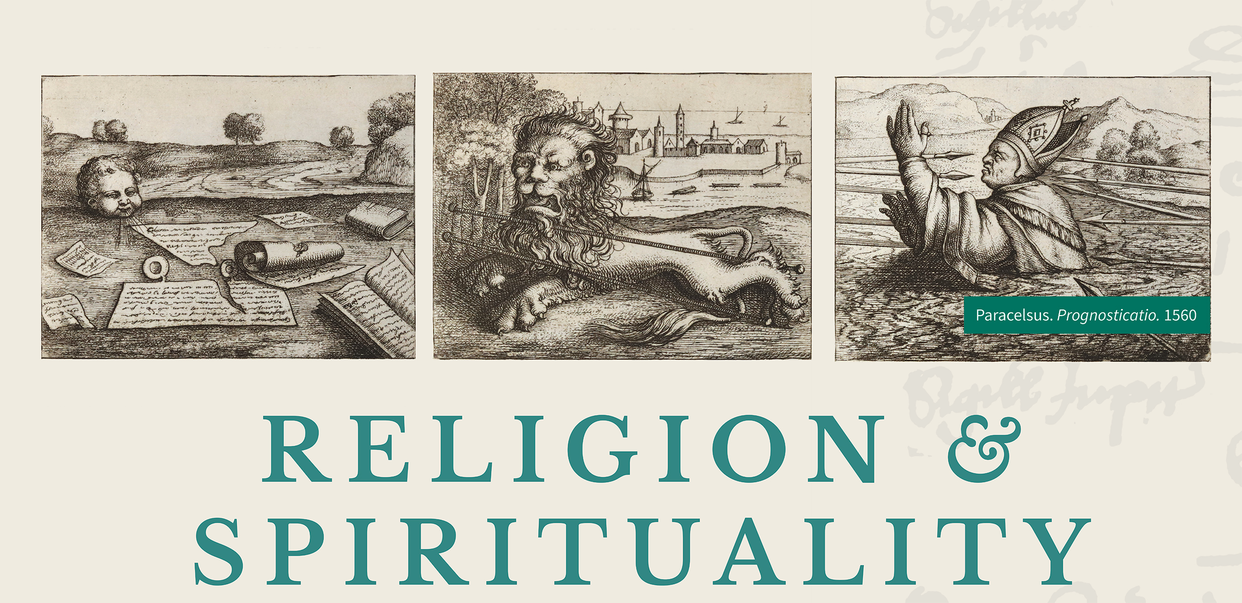 Religion in spirituality in green text, accompanied by various religious woodcut images